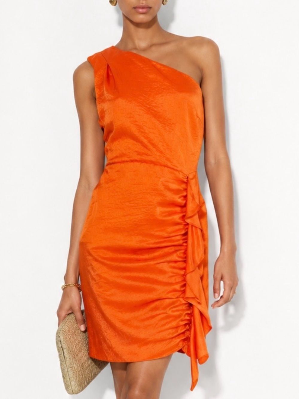 SAM EDELMAN One-Shoulder Orange Ruching Cocktail Dress